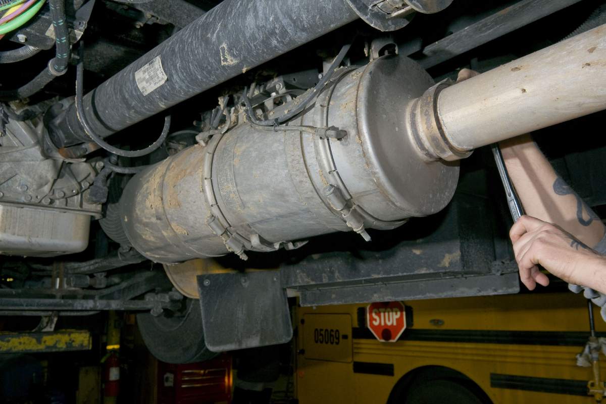 Diesel Particulate Filter in exhaust stream of diesel school bus.