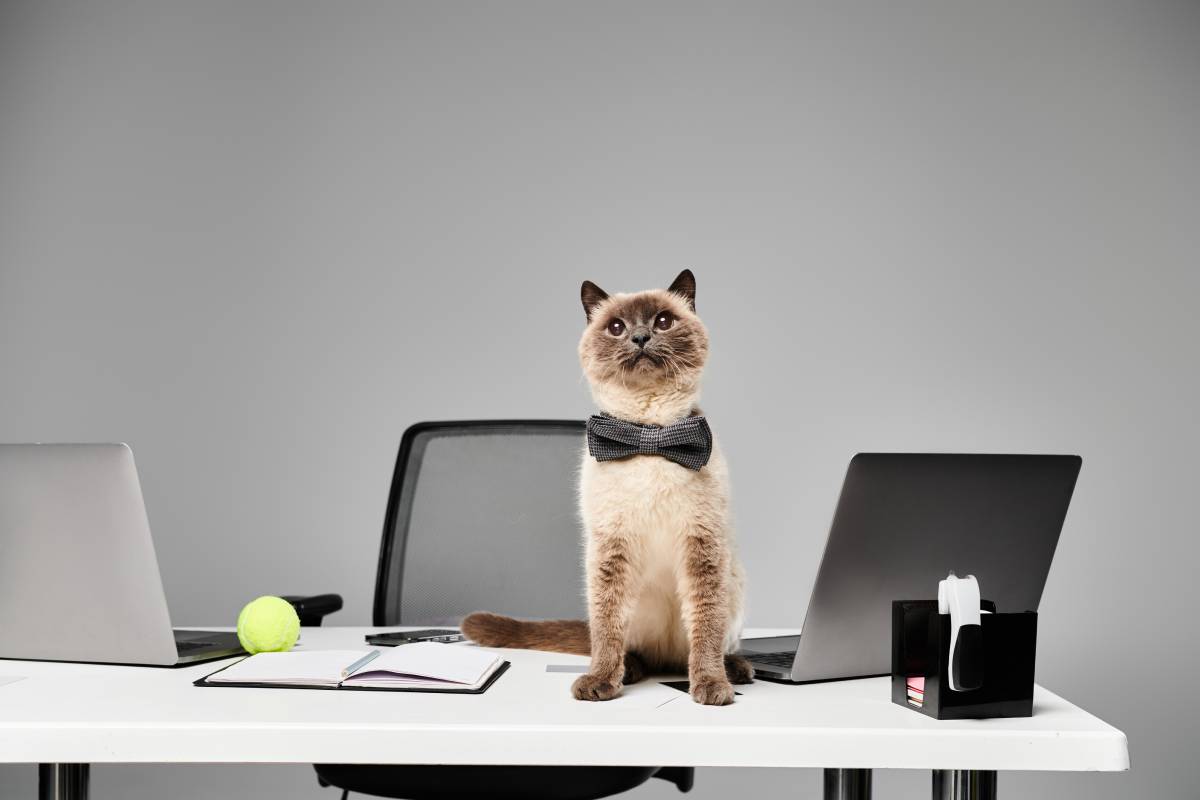 A regal cat sits gracefully on a desk in a studio setting, exuding elegance and charm.