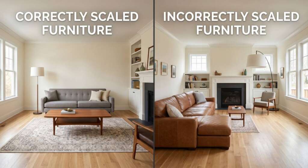 Furniture scale comparison in living room correct vs oversized