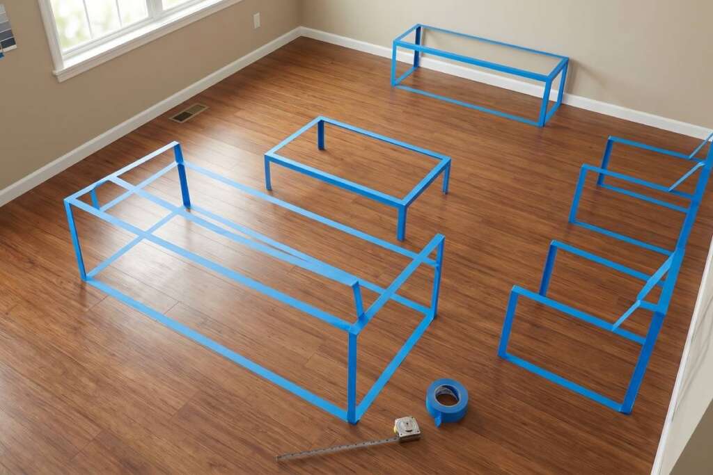 Living room floor plan mapping with tape before furniture purchase