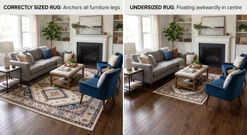 Correct rug sizing vs undersized rug in living room comparison