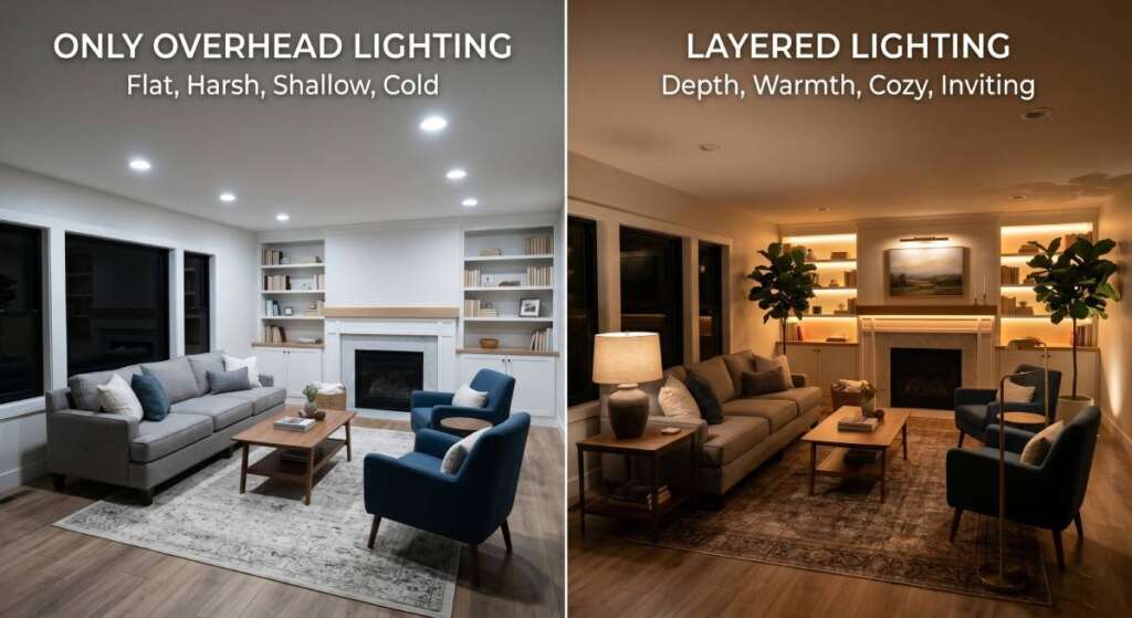 Layered lighting vs single overhead light comparison in living room
